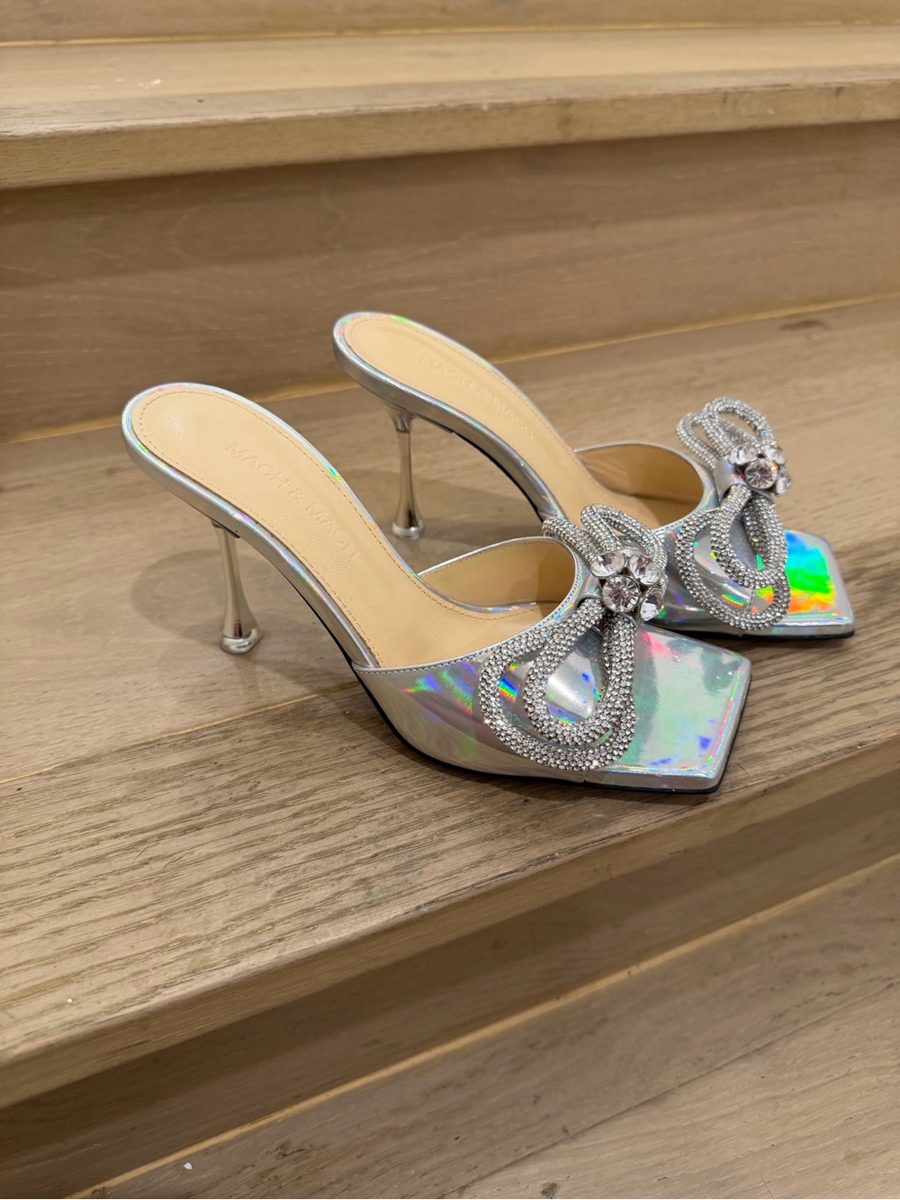 MACH & MACH Holographic Silver Crystal Bow Mule Heels